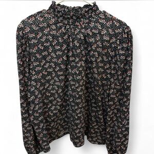 LOFT Black Floral Smocked Blouse